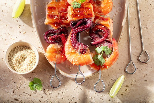 Preview: Tasty roasted skewer served with lime and coriander.