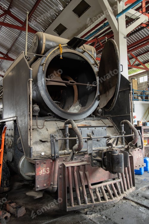 Preview: the train's diesel engine, railway track in depot of train