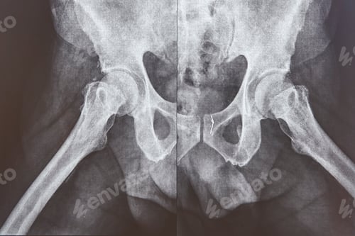 Preview: Hip axial xray. Gold thread attached on the bone. Healthcare