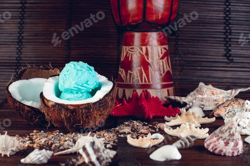 Preview: Blue ice cream in coconut bowl.