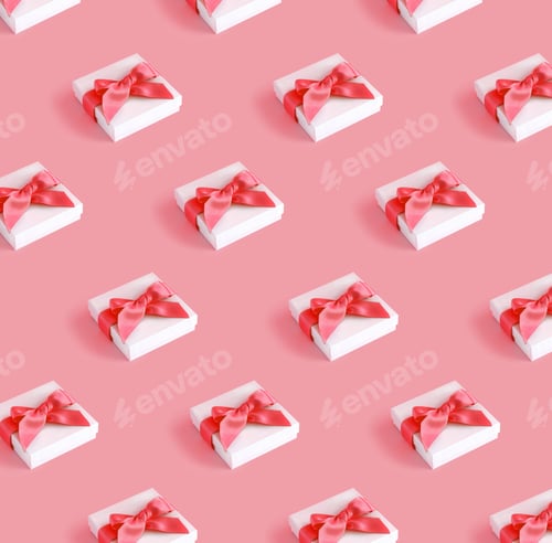 Preview: Pattern of white gift boxes with a bow on a light pink background