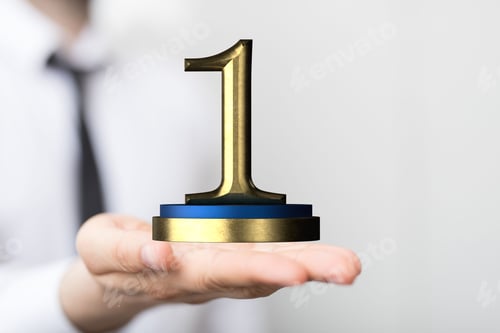 Preview: 3D render of a number '1' prize near a hand