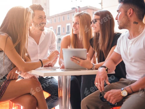 Preview: Friends together talgking and having a coffee in a bar outdoor in italy