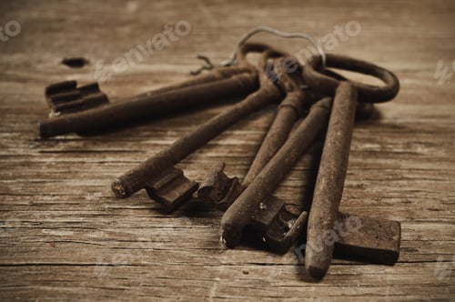 Preview: Some Old And Rusty Keys On A Rustic Wooden Table
