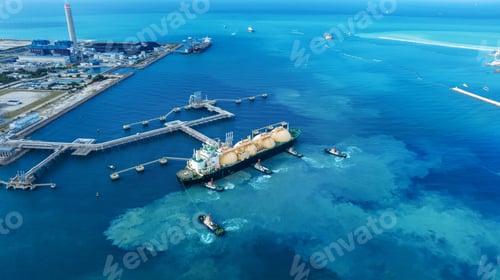 Preview: LNG (Liquefied natural gas) tanker anchored in Gas terminal gas tanks for storage. Oil Crude Gas