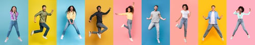 Preview: Diverse Group of People Jumping With Joy Against Colorful Backgrounds