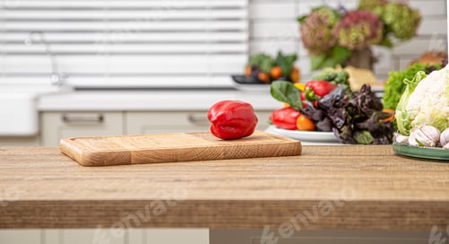 Preview: Various vegetables on the kitchen table while preparing vegetarian salad.