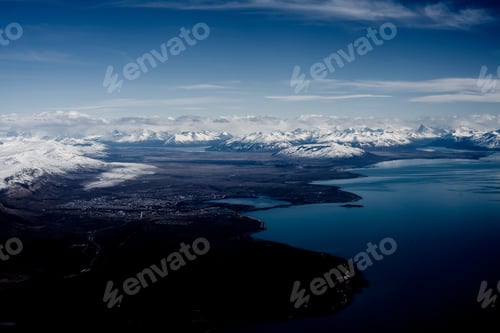 Preview: Aerial view of city, coastline and distant snow covered mountains, Ushuaia, Tierra del Fuego,