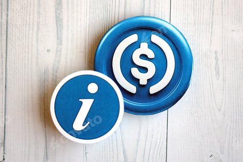 Preview: Blue Crypto Information and Dollar Symbols on Wood