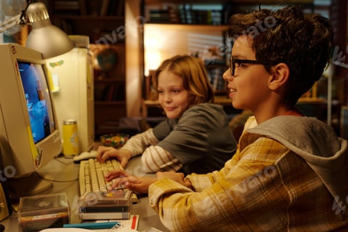 Preview: Children Enjoying Classic Computer Game Together