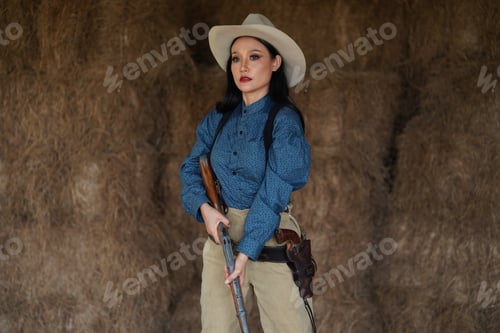 Preview: cowgirl with rifle, gunfight on texas ranch, Western Vintage girl with gun