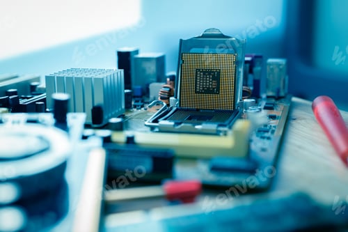 Preview: Selective focus computer chip on socket. Chipset on electronic circuit board of PC motherboard