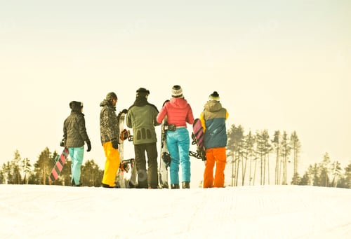 Preview: Young snow boarding friends watching from mountain