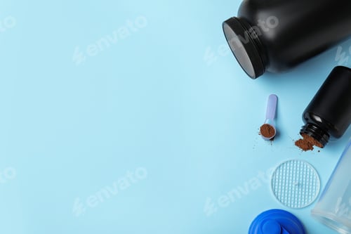 Preview: Flat lay composition with protein powder on color background. Space for text