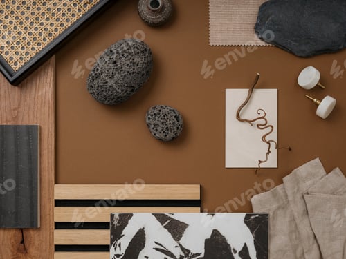 Preview: Stylish flat lay composition in brown, gray and beige color palette with textile and paint samples
