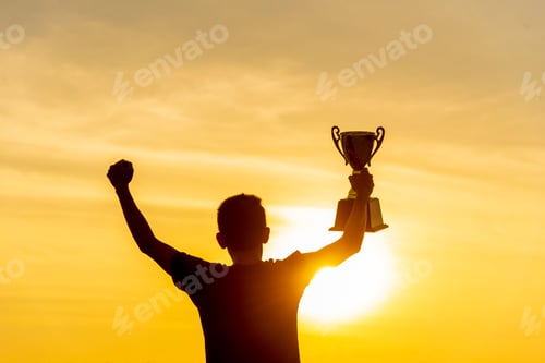 Preview: Winner win holding golden champion trophy cup prize. Silhouette best award victory trophy