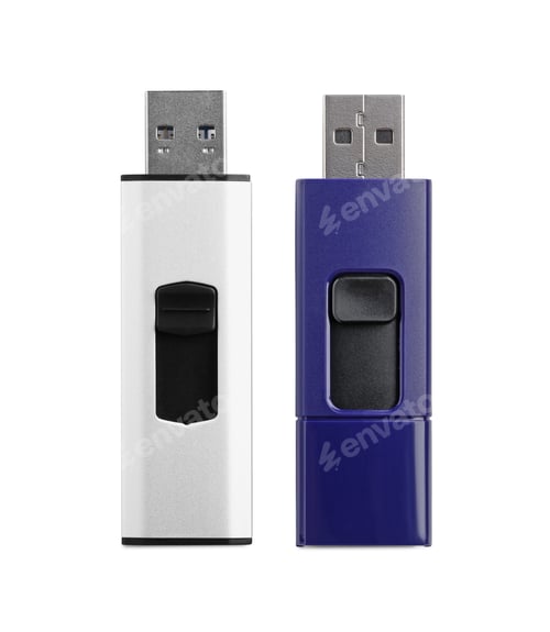 Preview: Modern usb flash drives on white background, top view
