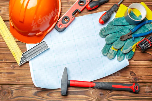 Preview: Tools and materials arranged on a wooden surface for a construction project planning