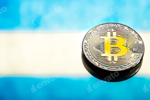 Preview: Coins Bitcoin, against the background of Argentina flag.