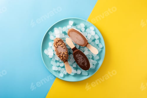 Preview: Chocolate popsicles and crushed ice on blue plate