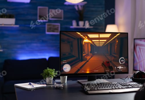 Preview: Nobody at desk with online video games on computer