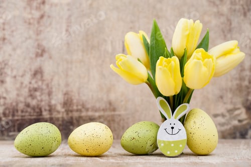 Preview: Spring decor, yellow tulips with easter eggs.