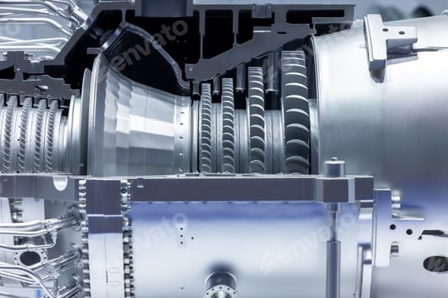Preview: Gas turbine engine with turbine blades, Industrial gas turbine engine, Steel blades.