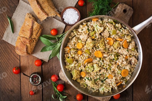 Preview: Tasty pearl barley porridge with vegetables and chicken. Top view