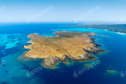 Preview: An island in the middle of the sea. A drone's view of the seascape. Aerial view. Summer scenery.