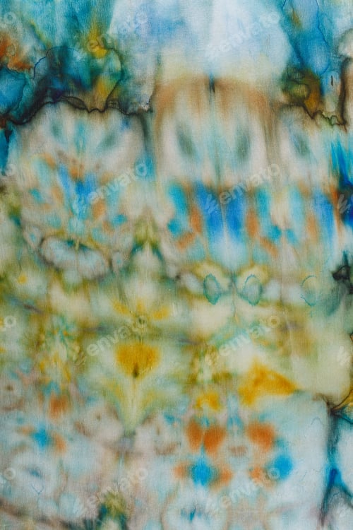 Preview: abstract pattern on silk fabric texture in blue, yellow, green colors