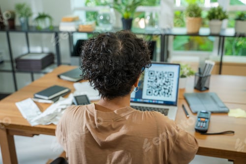 Preview: Payment terminal, Woman shopping online via laptop computer.