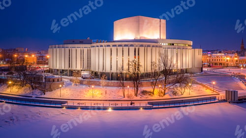 Preview: Opera in Bydgoszcz at dusk in winter. Architecture in Poland.