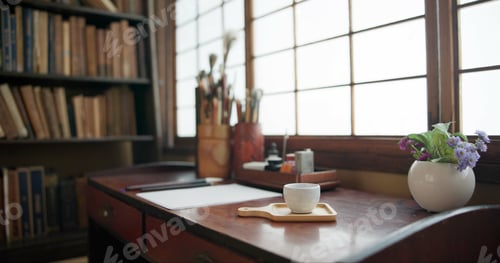 Preview: Tea ceremony, Japanese study and green tea with a desk for respect for ancient culture and ritual.