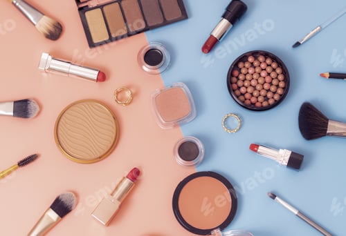 Preview: A set of cosmetics on a blue-pink background.