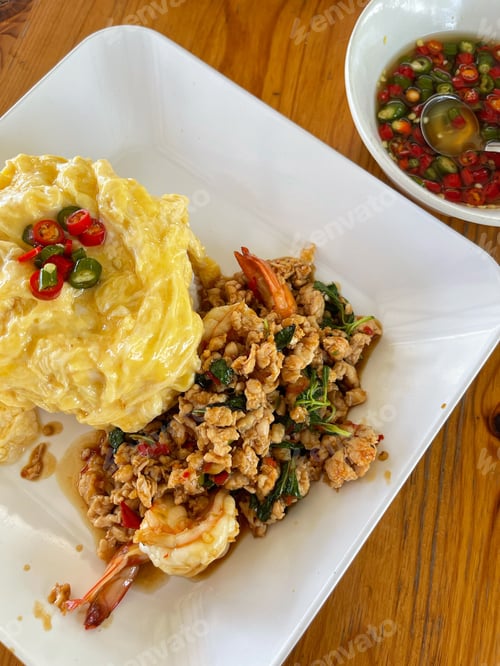 Preview: Rice topped with stir-fried pork and basil, Rice topped with stir fried minced pork and basil with F