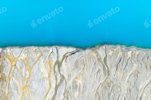 Preview: Drone view of the azure lake in the glacier valley. View of the moraines. Landscape from the air.
