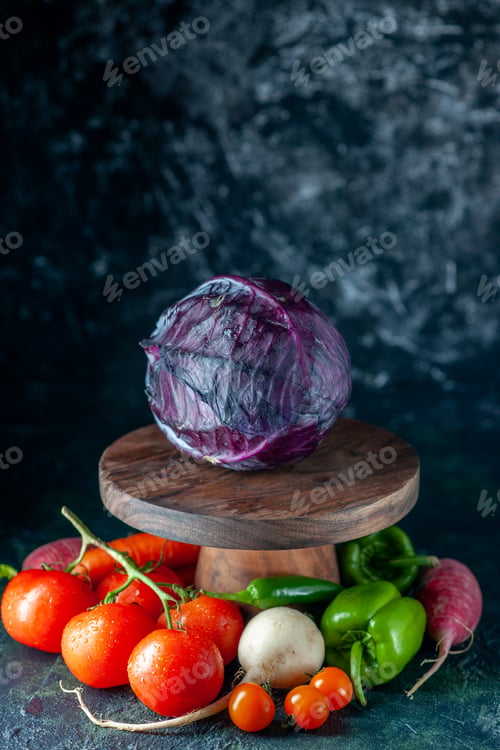 Preview: front view fresh vegetables radish tomatoes and cabbage on dark background health color vegetable