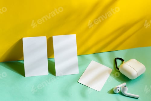 Preview: blank business cards on duotone background with shadows, good for texte and logo