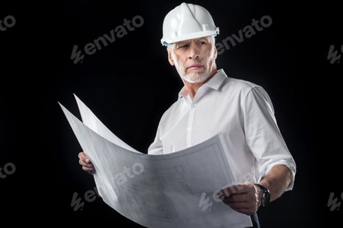 Preview: Mature male architect in white hard hat holding blueprints and looking away isolated on black