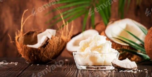 Preview: MCT Coconut butter or oil. Organic healthy food, beauty and SPA product. Wooden background