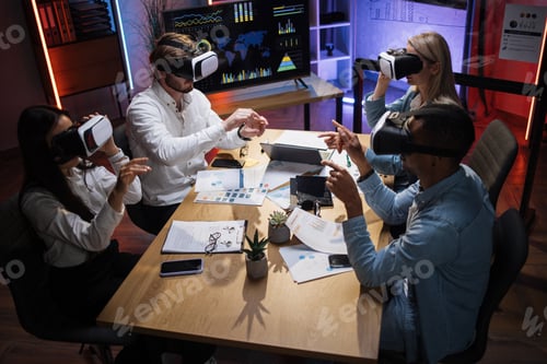 Preview: Diverse company workers using VR headset during conference