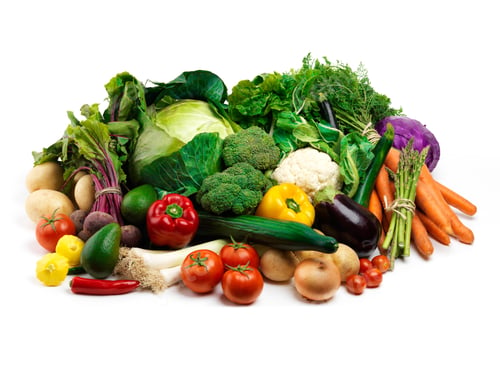 Preview: Studio shot of a pile of fruit and vegetables against a white background