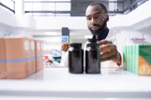Preview: Black pharmacy worker stocking shelves with treatment supplies