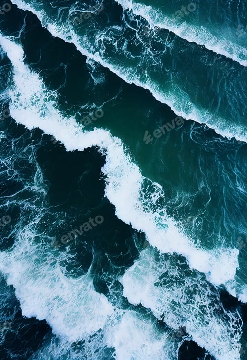 Preview: Aerial drone view with of crashing waves in crystal ocean. Top view. Blue clean wavy sea water.Blue
