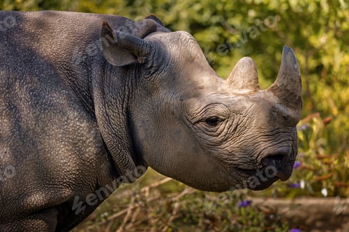 Preview: Close-up of a rhinoceros in a natural habitat with greenery in the background