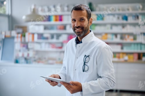Preview: Happy pharmacist working on digital tablet and looking at camera.