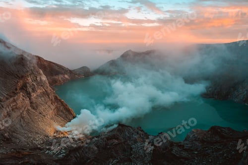 Preview: Lake and Sulfur Mine at Khawa Ijen Volcano Crater, Java Island, Indonesia