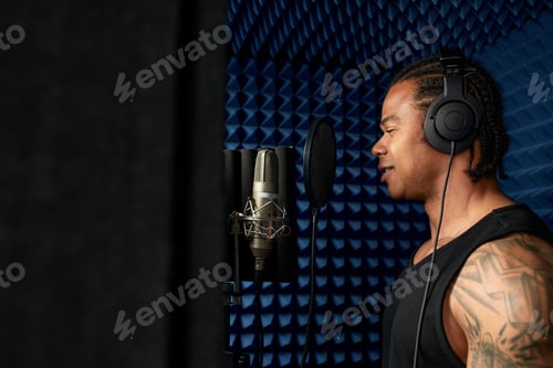 Preview: Young african american blogger recording new podcast, blogging, modern methods of personal brand