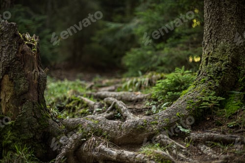 Preview: Closeup of the big tree roots covered in moss in the park