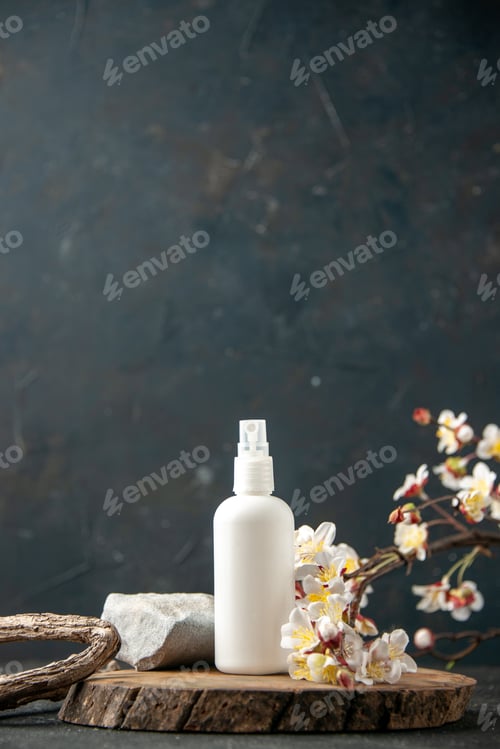 Vista previa: front view white spray bottle with flowers on a dark background color cream beauty milk photo can